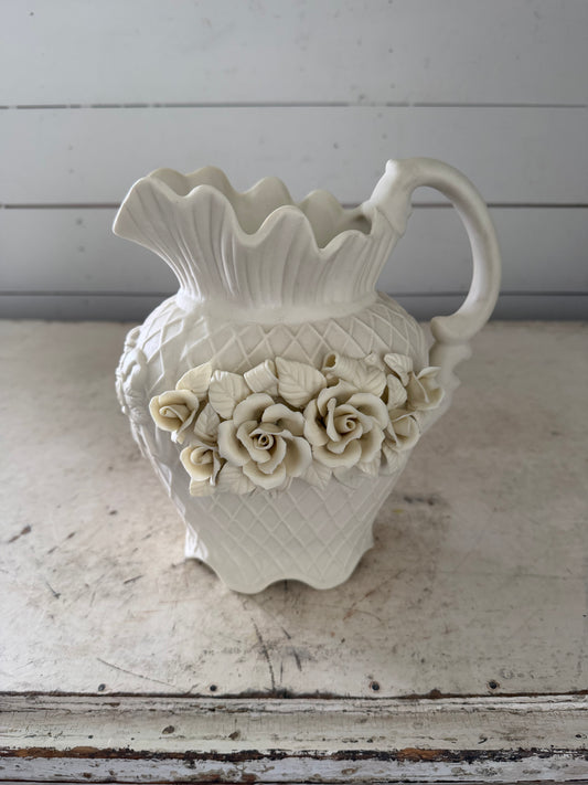Vintage Ivory Bisque Pitcher With Floral Detail 9” tall - Will get makeover