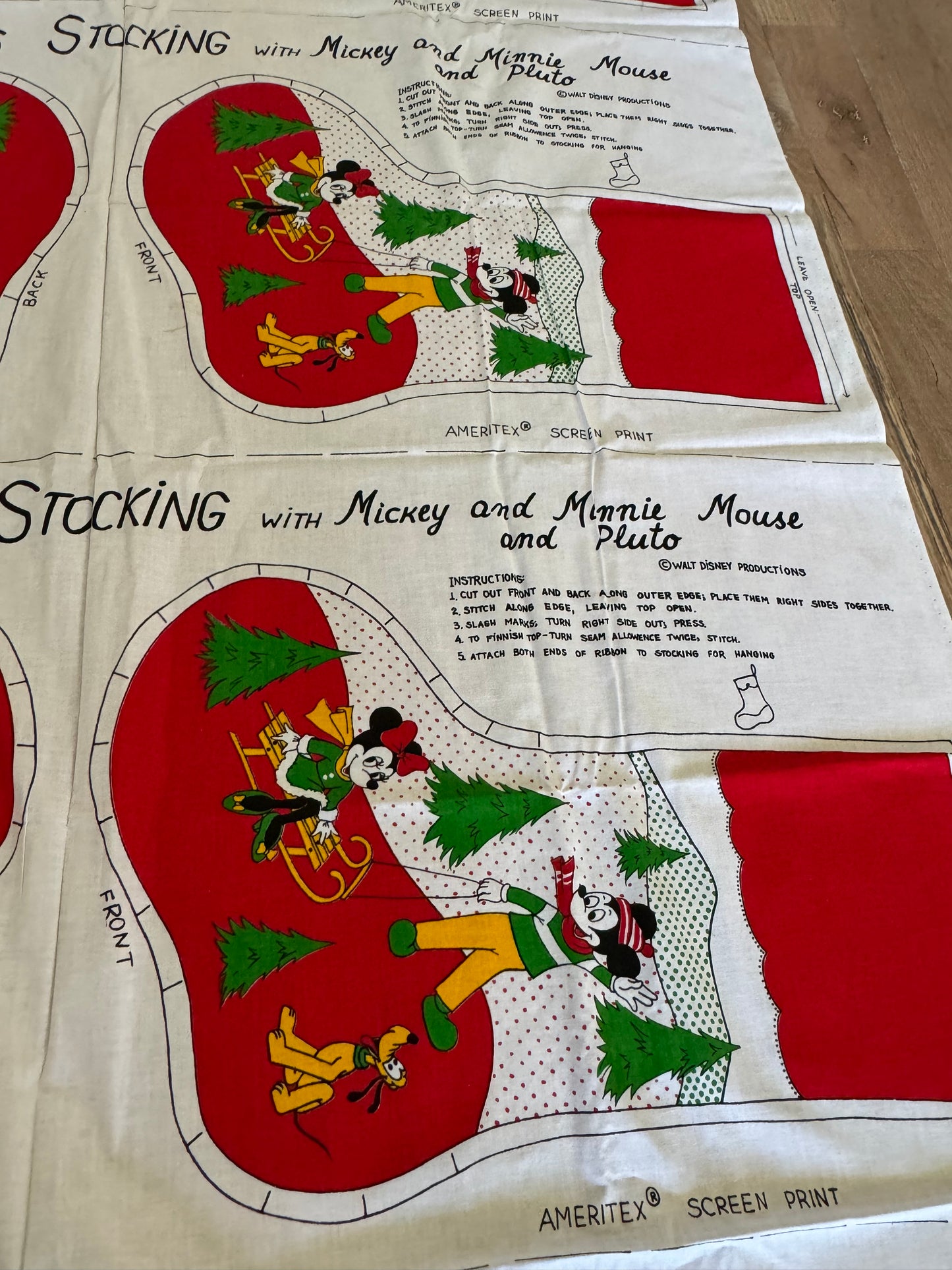 Ended 1970s Walt Disney Christmas Stocking Sewing Pattern Ameritex Minnie Mickey Pluto - four panels as shown