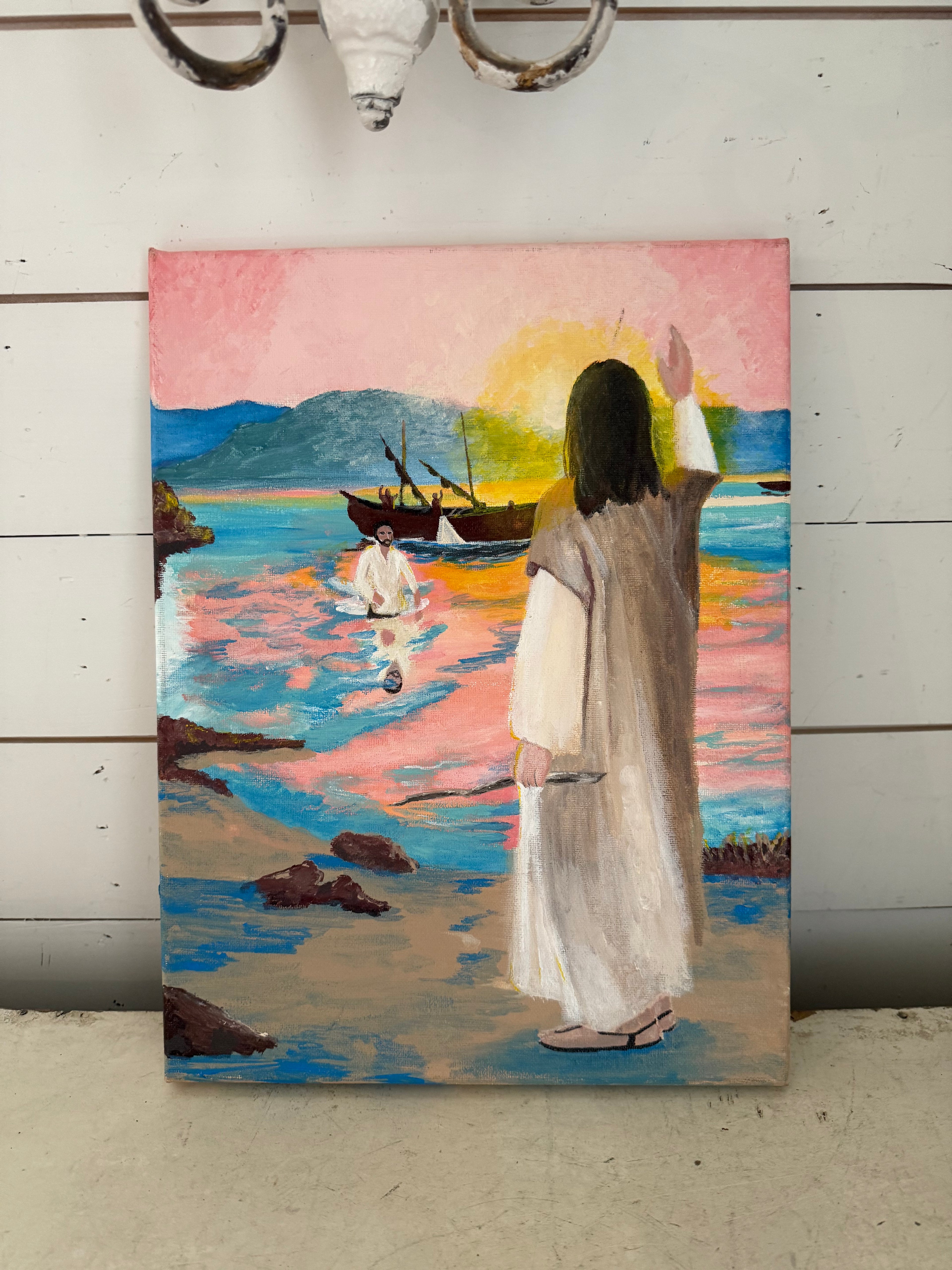 Jesus & Peter Original Art on canvas - has small tear as shown