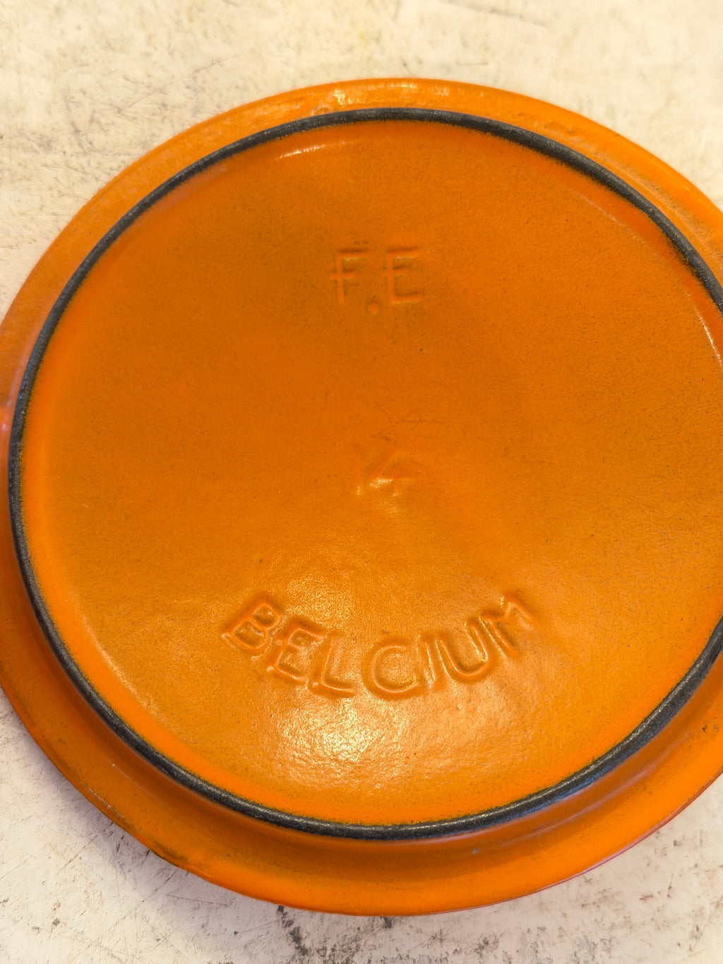 Vintage Descoware Orange Enamel Cast Iron Sauce Pan - has some chips in the enamel