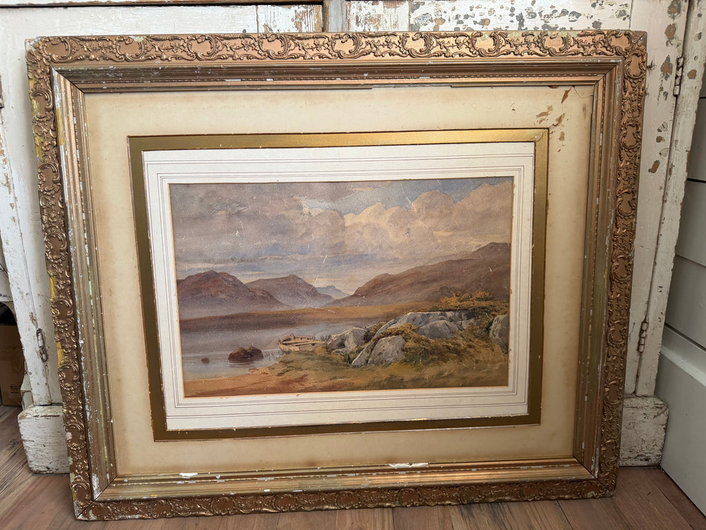Gilded Frame antique 19th-century watercolor painting depicts a tranquil mountain lake scene, likely located in Scotland no glass