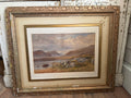 Gilded Frame antique 19th-century watercolor painting depicts a tranquil mountain lake scene, likely located in Scotland no glass