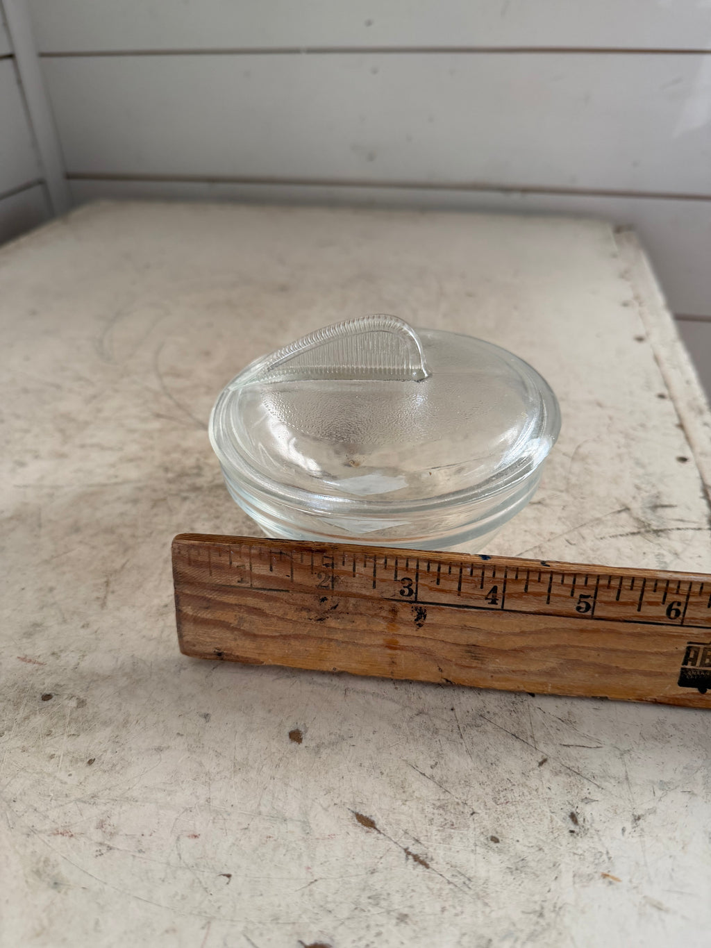 vintage Glasbake clear glass covered serving dish with fin