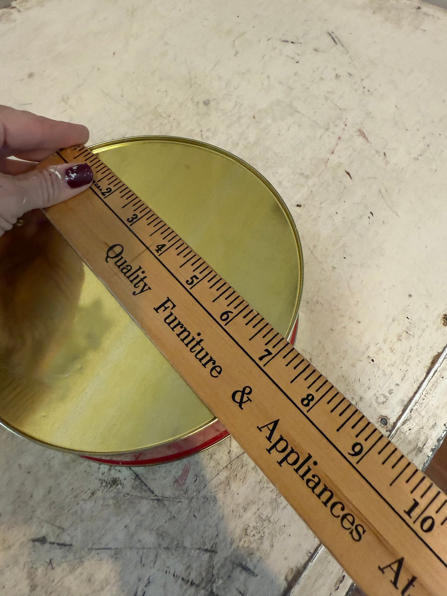 Vintage Jewel Tea Skaters Round Cookie Tin Jewel T Christmas Tin Pine Tree Barn