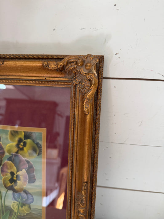 Vintage Pansy Print in Ornate Moulded Frame as is see photos