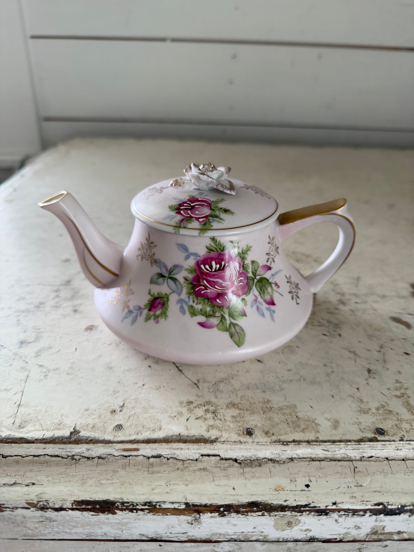 Vintage Lefton China Teapot With Band painted Cabbage Roses