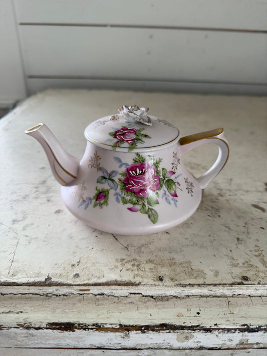 Vintage Lefton China Teapot With Band painted Cabbage Roses