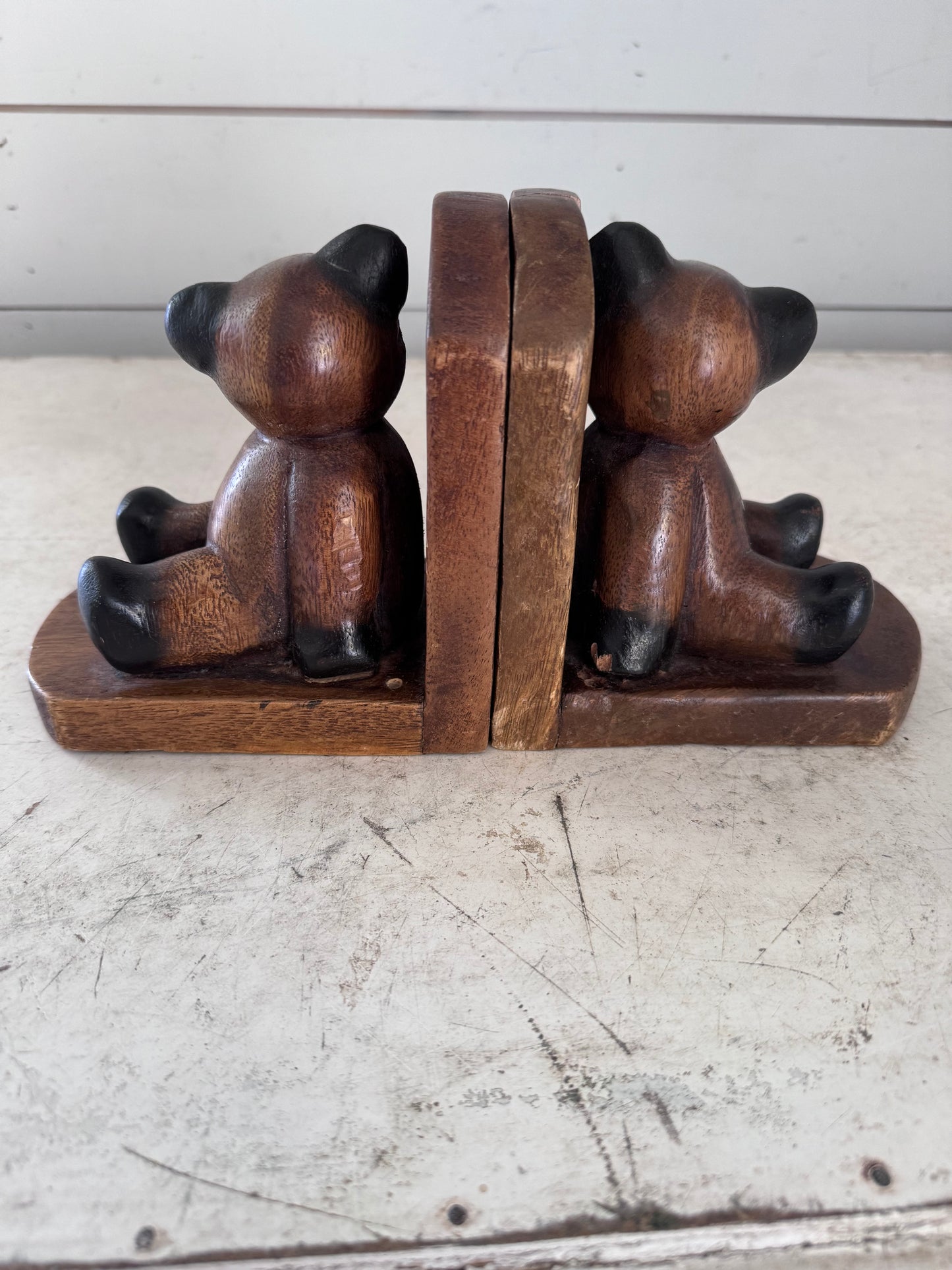 Vintage handcarved wood teddy bear book ends