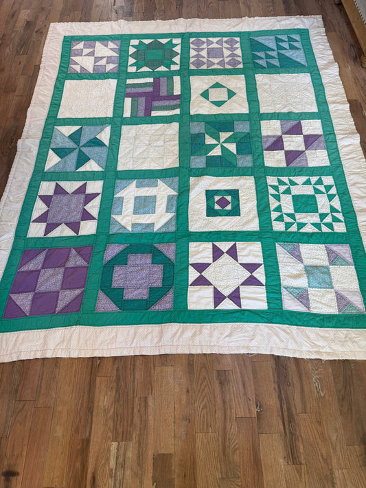 Vintage Purple and Green Hand Pieced Queen Quilt - as is has imperfections