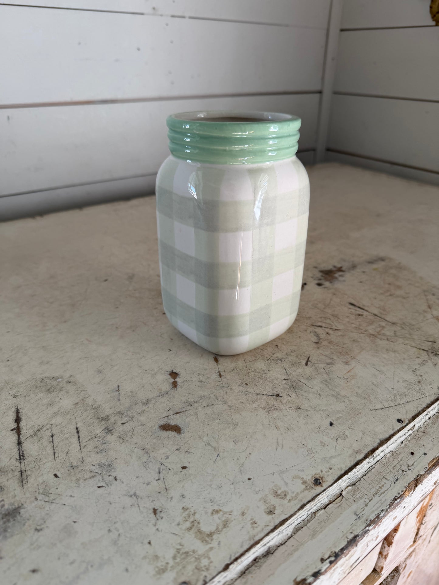 Green Plaid Ceramic Jar Vase