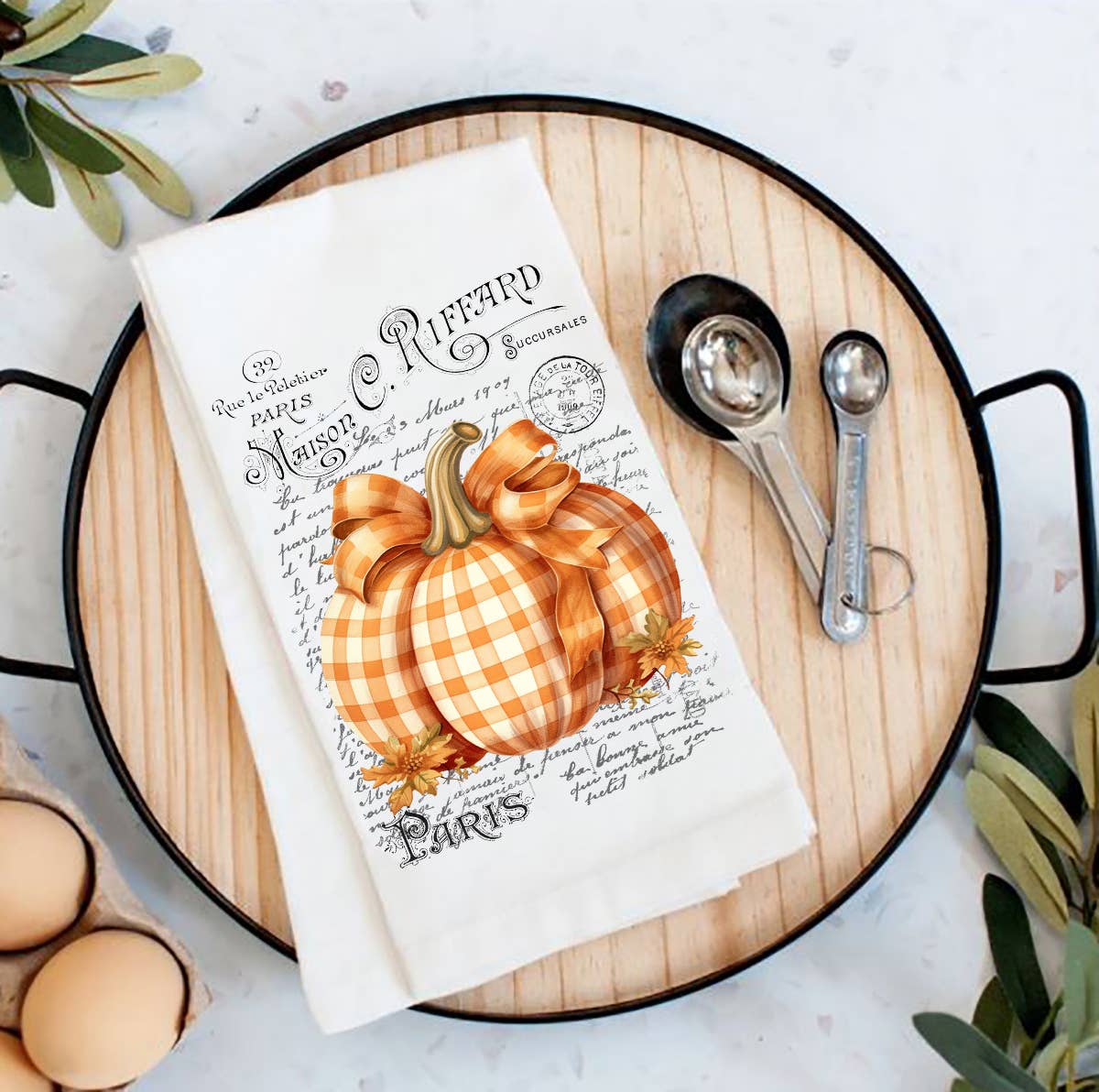 Tea Towel Fall Autumn French Checkered Pumpkins Flour Sack Tea Towel