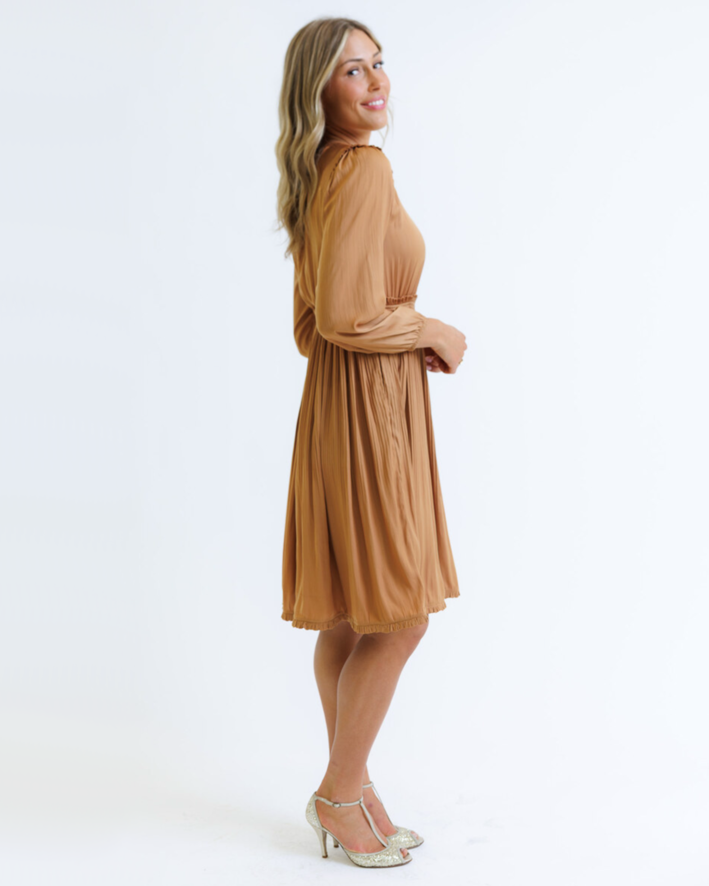5th Avenue Pleated Long Sleeve Knee-Length Dress