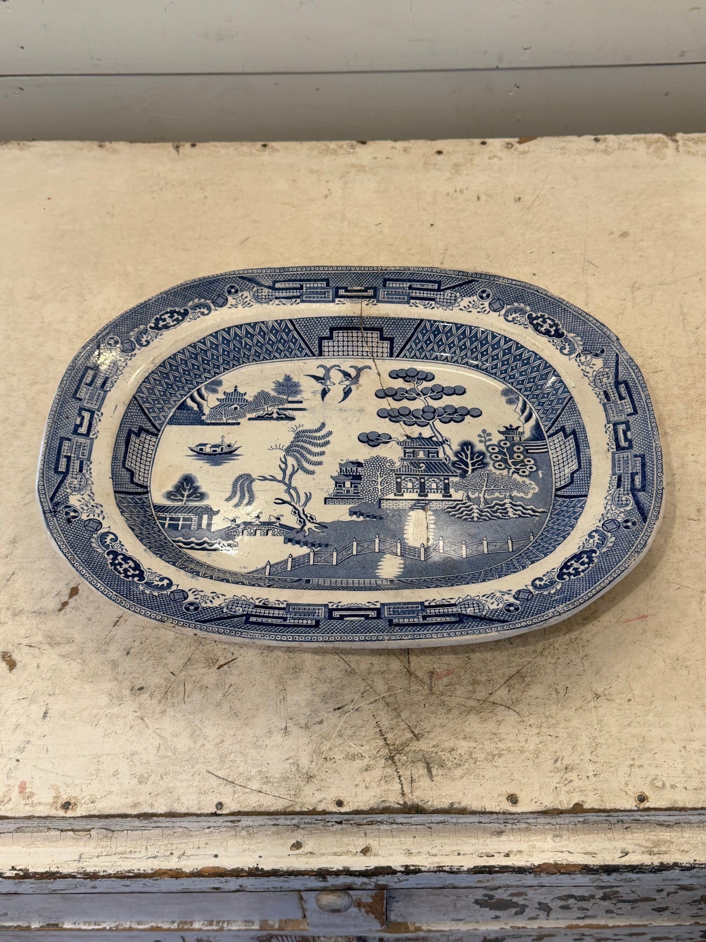 19th century English stone ware Blue Willow Platter 14” - has crack