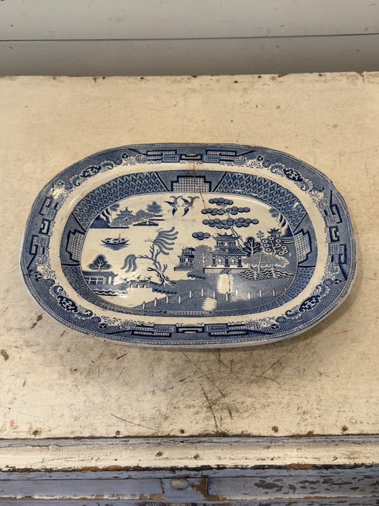 19th century English stone ware Blue Willow Platter 14” - has crack