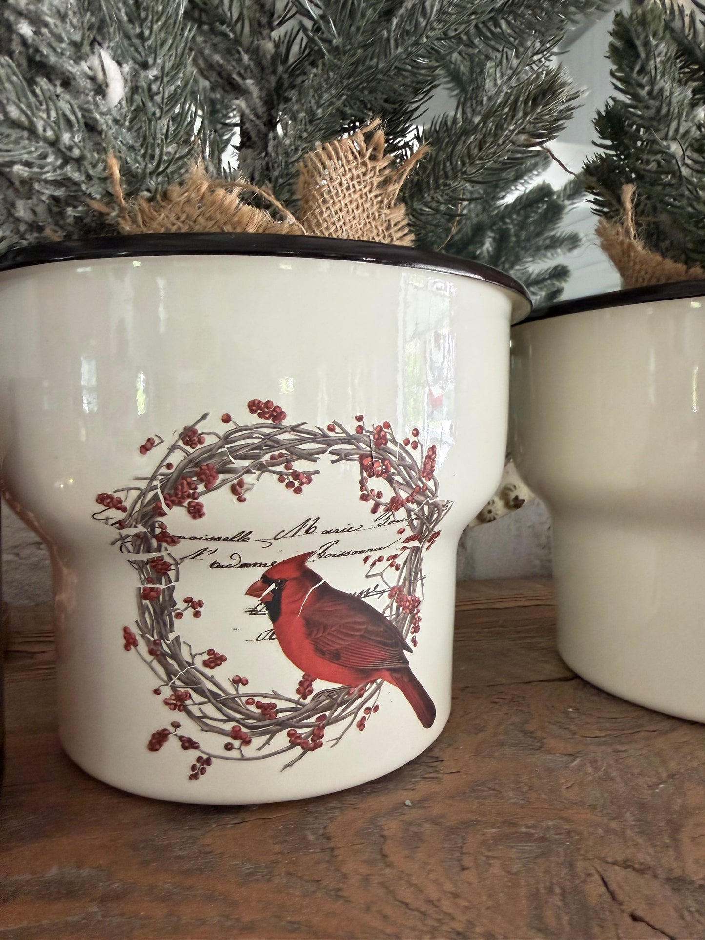 White Enamel Canister with Holiday Transfer - sold individually greenery not included