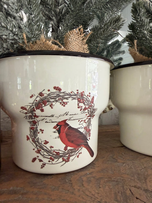 White Enamel Canister with Holiday Transfer - sold individually greenery not included
