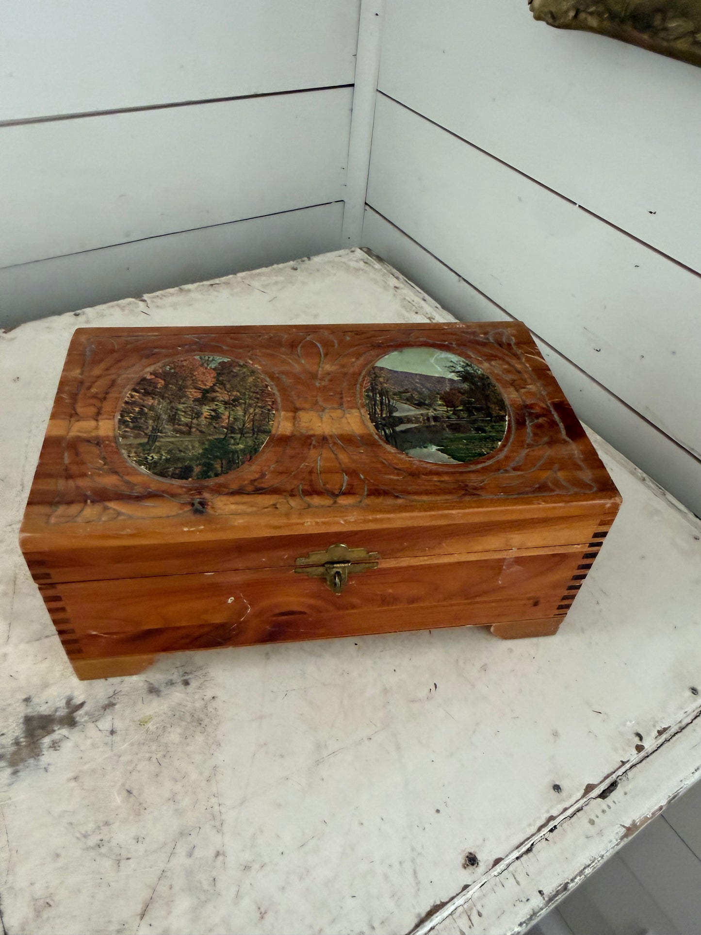 Vintage Wood 1950s Carved Candy Box, Mirror Inside