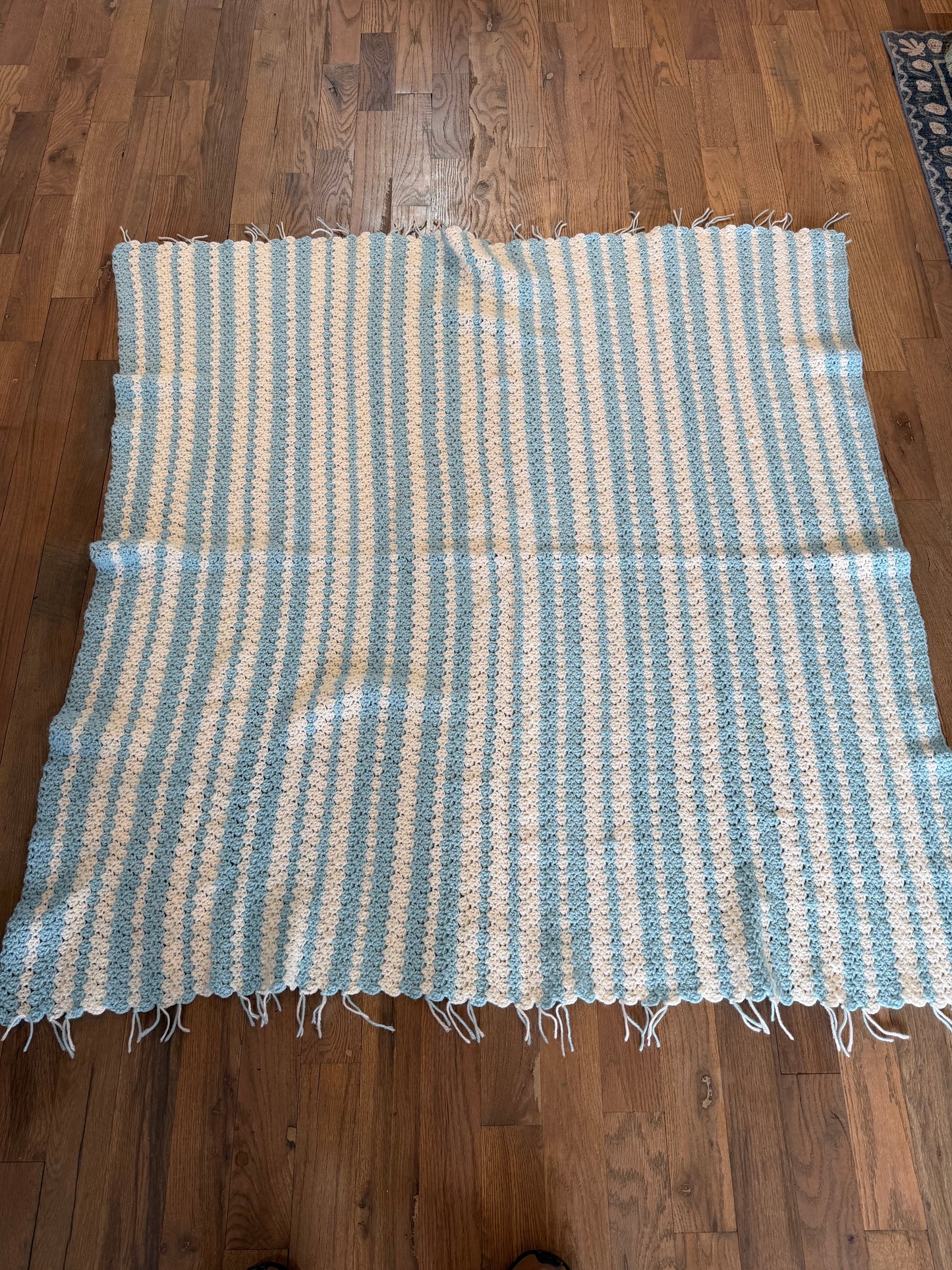 Blue and White Fringed Afghan