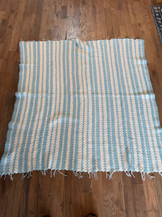 Blue and White Fringed Afghan