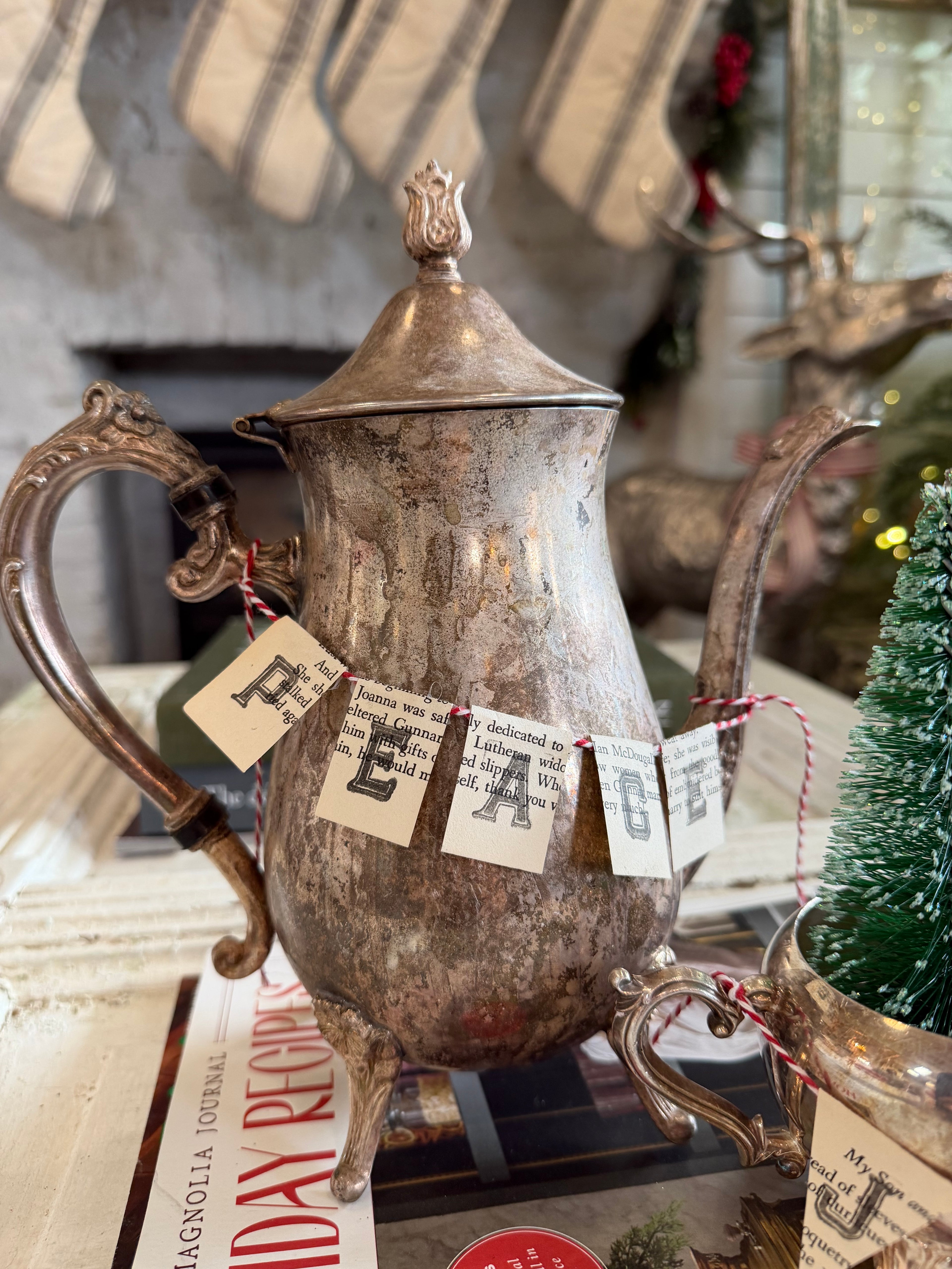 Tarnished Silver Teapots, sugar dishes and creamers with banners sold seperately