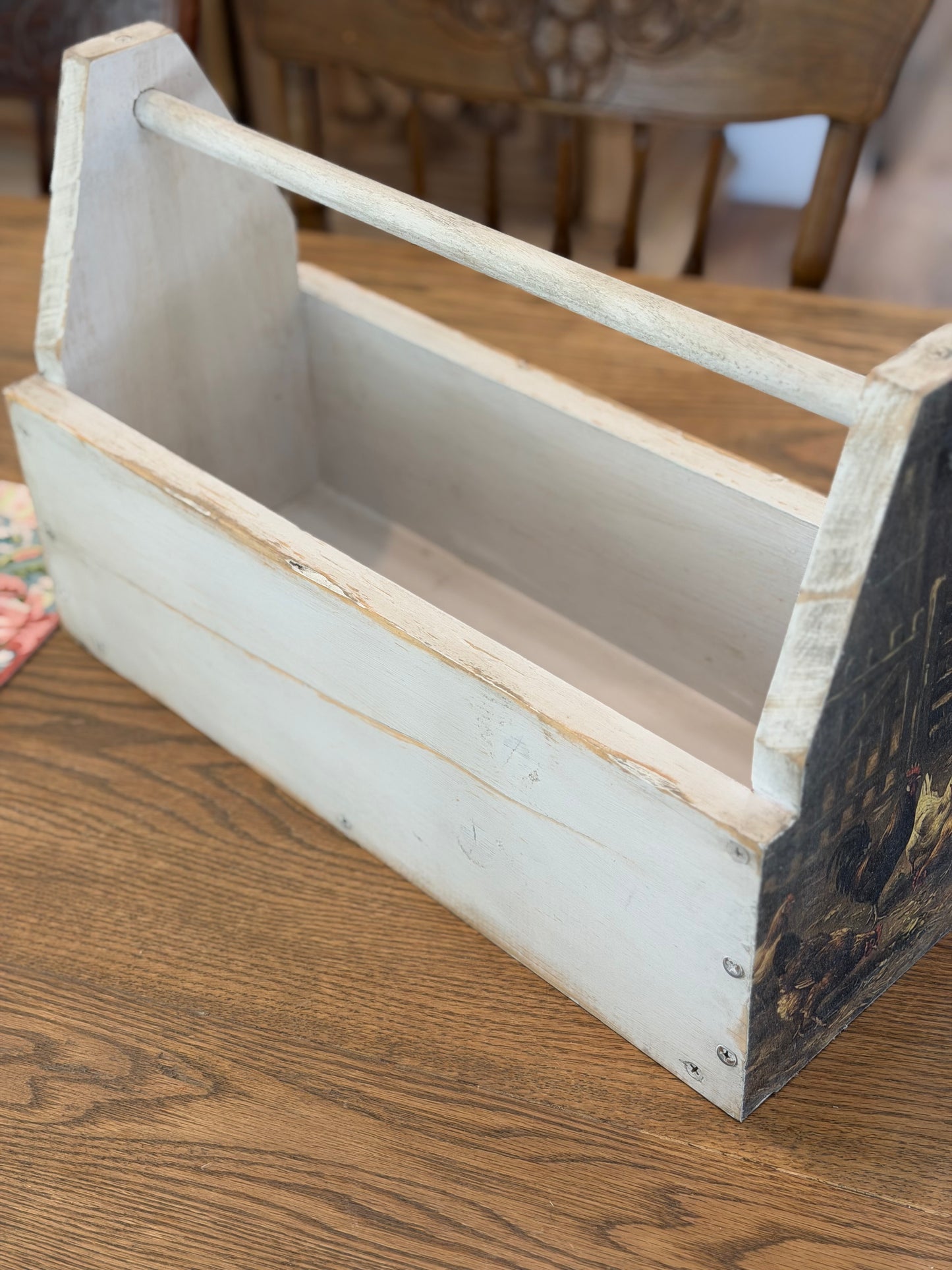 Hand Painted Sheeo and Chicken Handmade Wood Tote 16.5” long