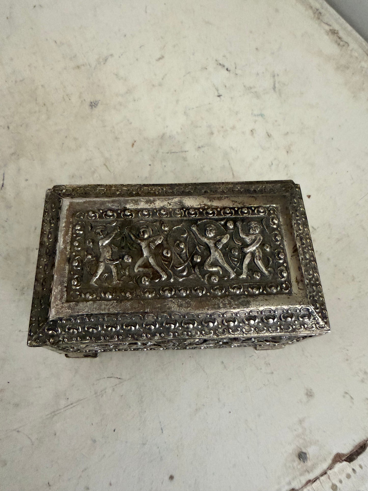 Vintage Silver-Tone Trinket Box with Dancing Figures | Jewelry Box as is see photos