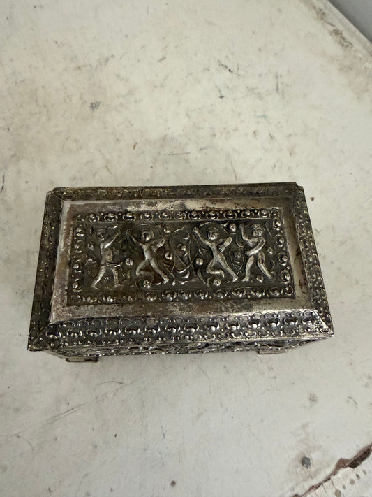 Vintage Silver-Tone Trinket Box with Dancing Figures | Jewelry Box as is see photos