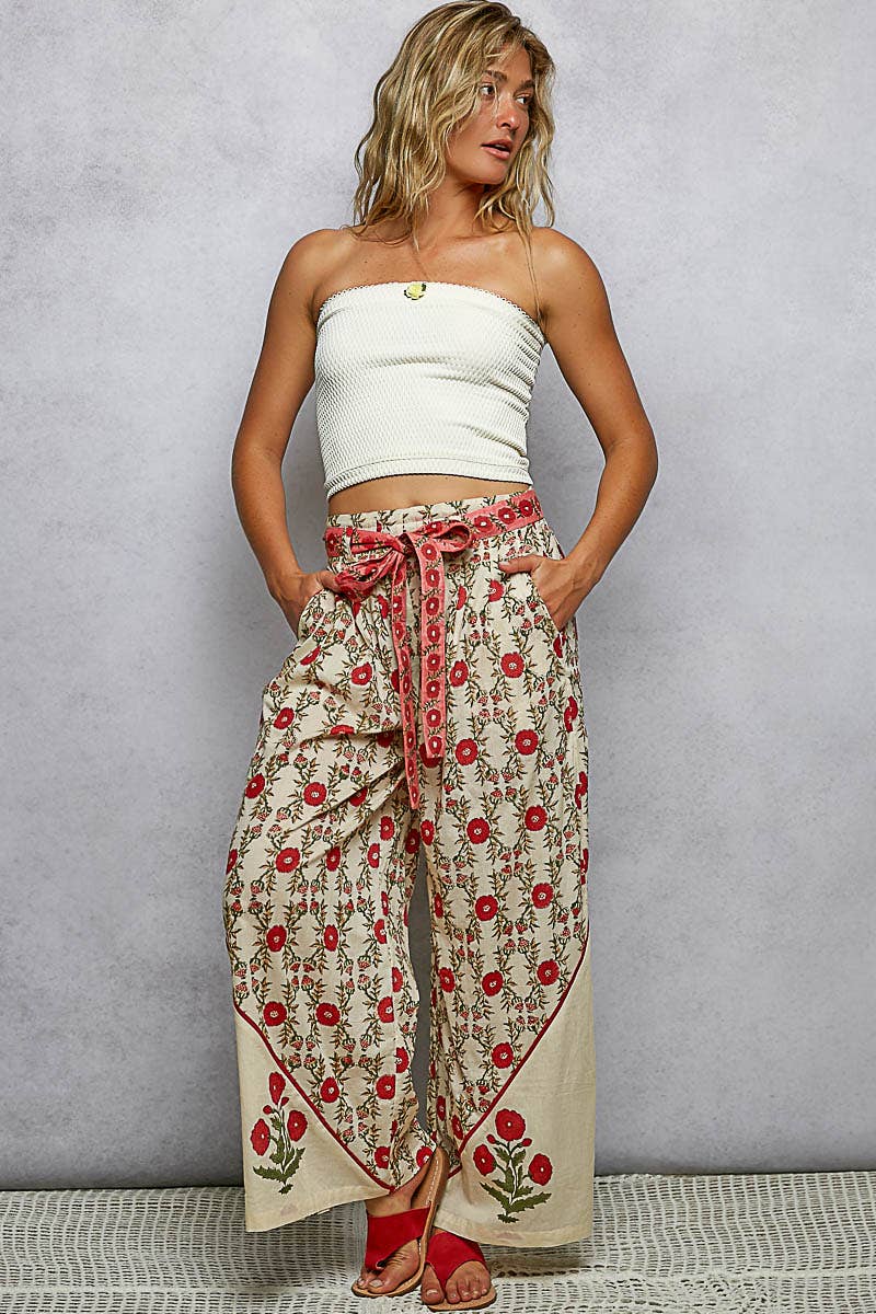 Waist Belt Floral Pattern Straight Fit Pants