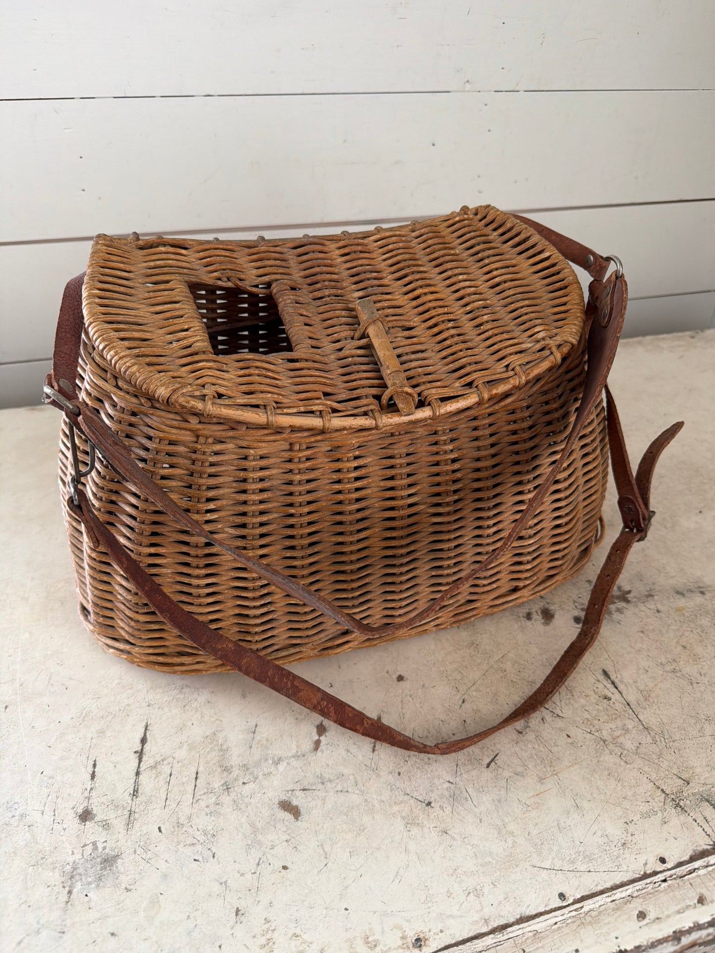 Vintage Fishing Creel basket with Leather Strap