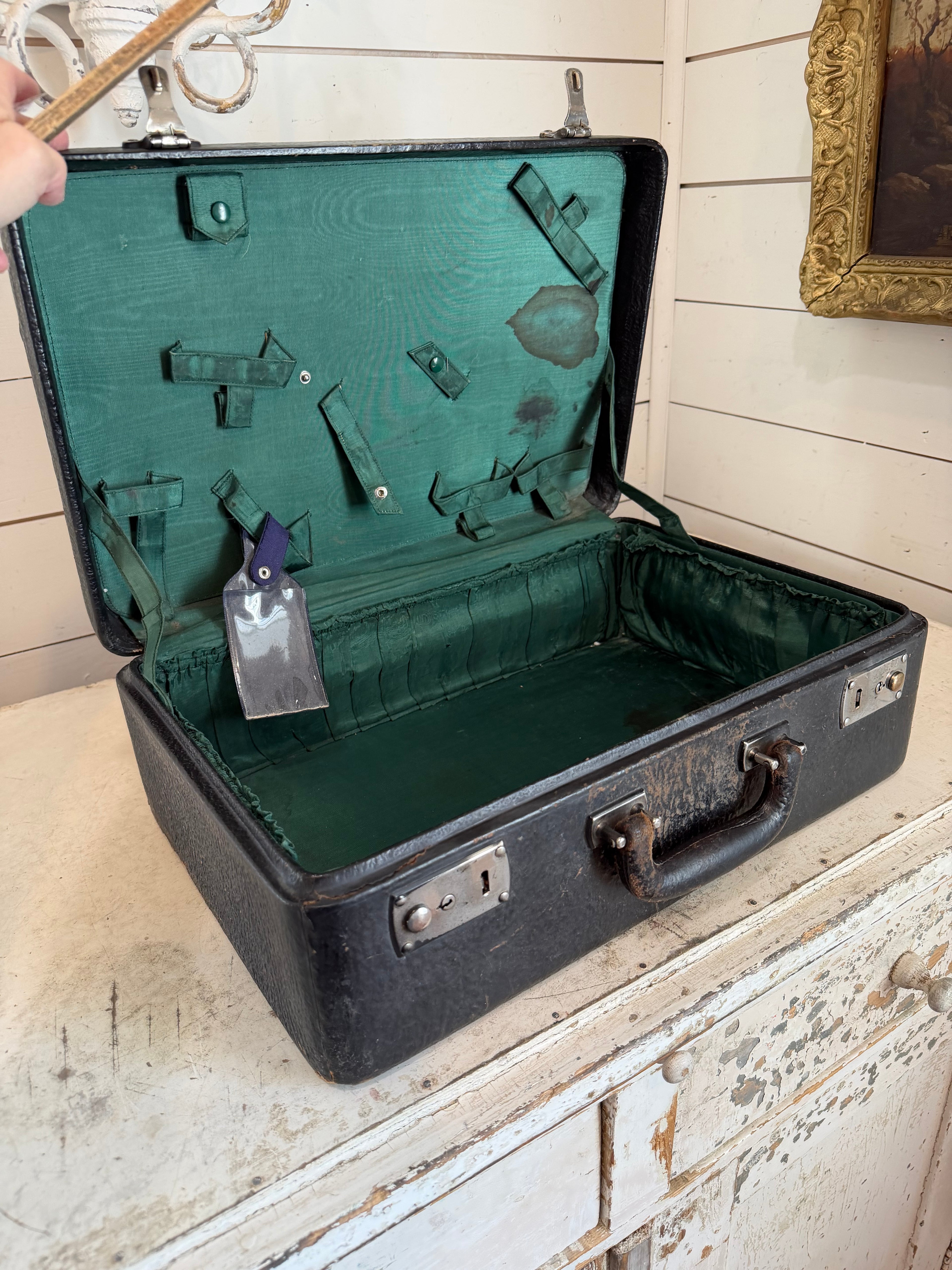 Vintage Mid Century Leather Picnic Set Suitcase