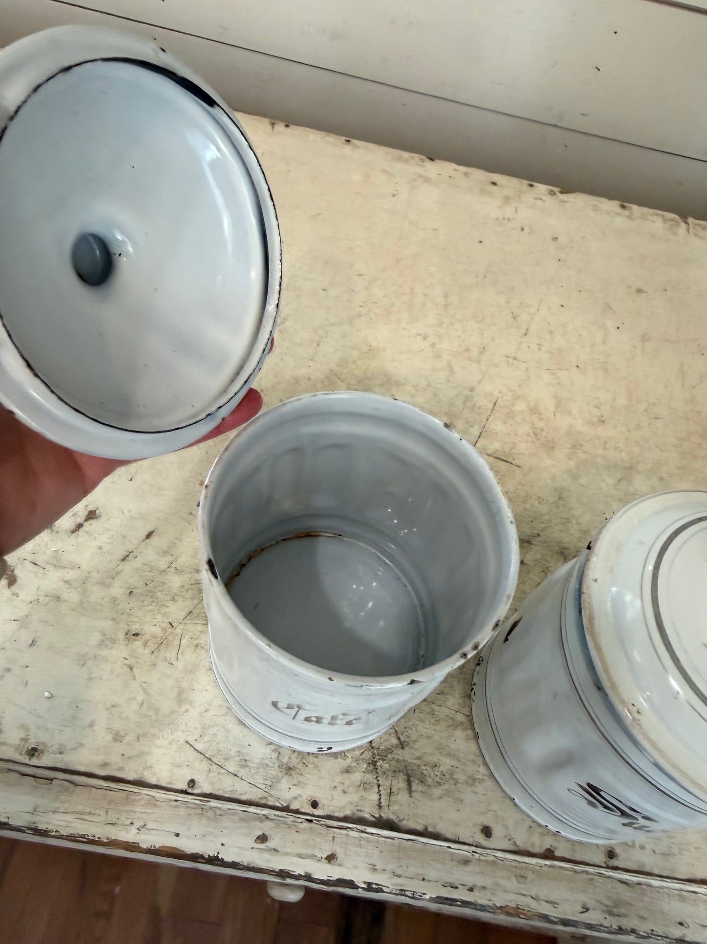 Antique French  white enamelware canisters set of 3