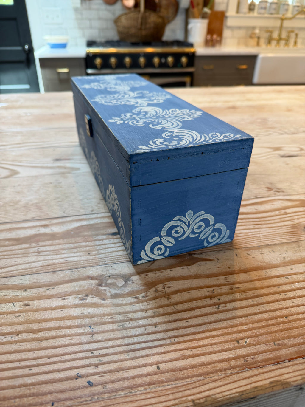 Vintage Wood Trinket Box Painted in Federal Blue milk Paint With Damask Stencils
