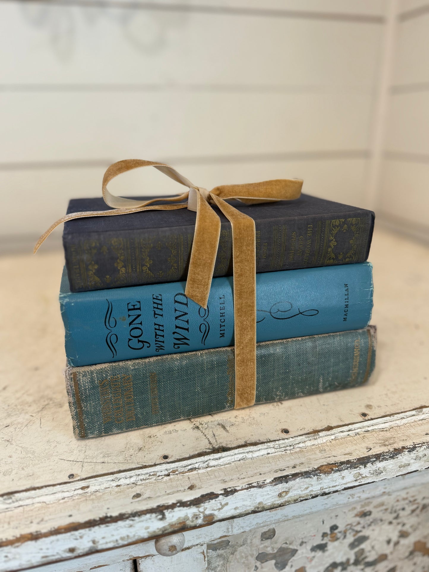 Blue Vintage Book Stack will gold  velvet ribbon