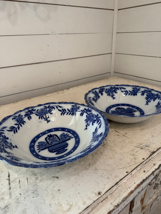 Antique Flow Blue Porcelain Bowl, 10″ Diameter has cracks that are repaired sold individually