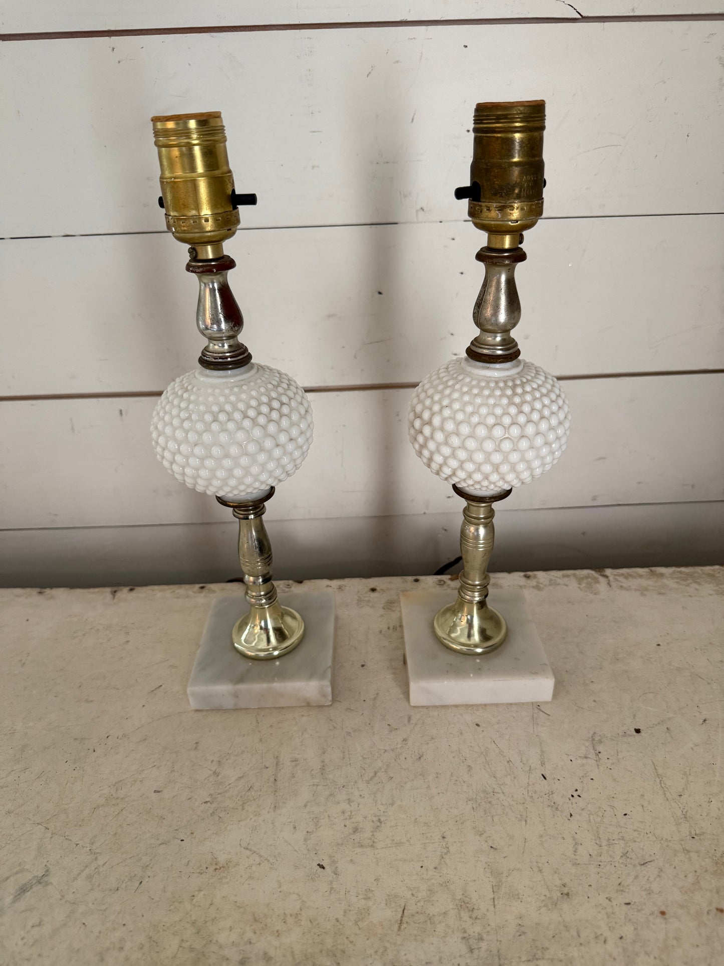 Set of Vintage hobnail, milk glass end table, bed lamp with italian marble base