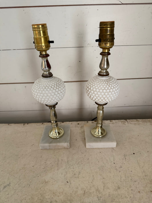 Set of Vintage hobnail, milk glass end table, bed lamp with italian marble base