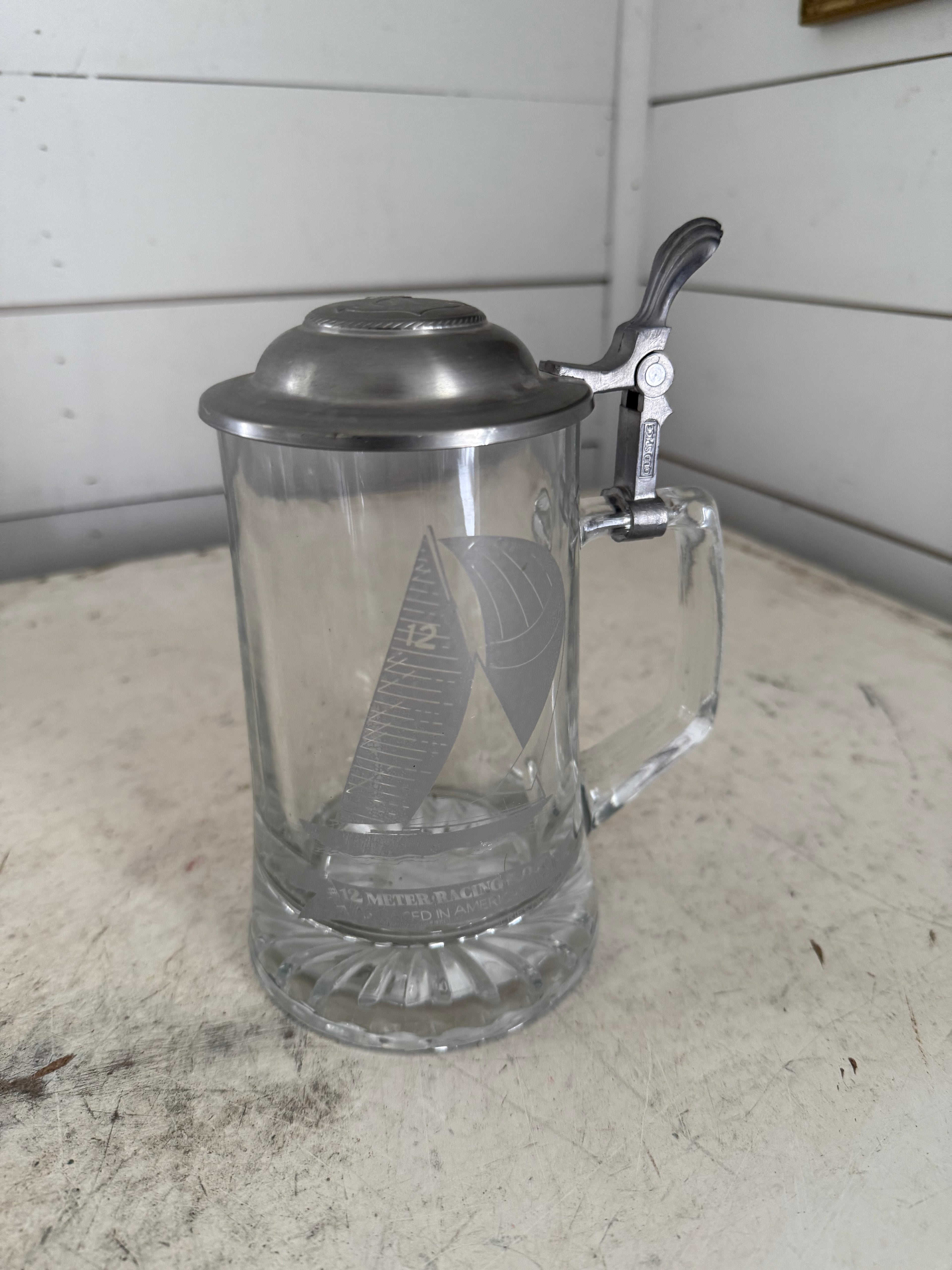Vintage Glass Pewter Lid Stein Alwe W. Germany America's Cup Series 1 Sail