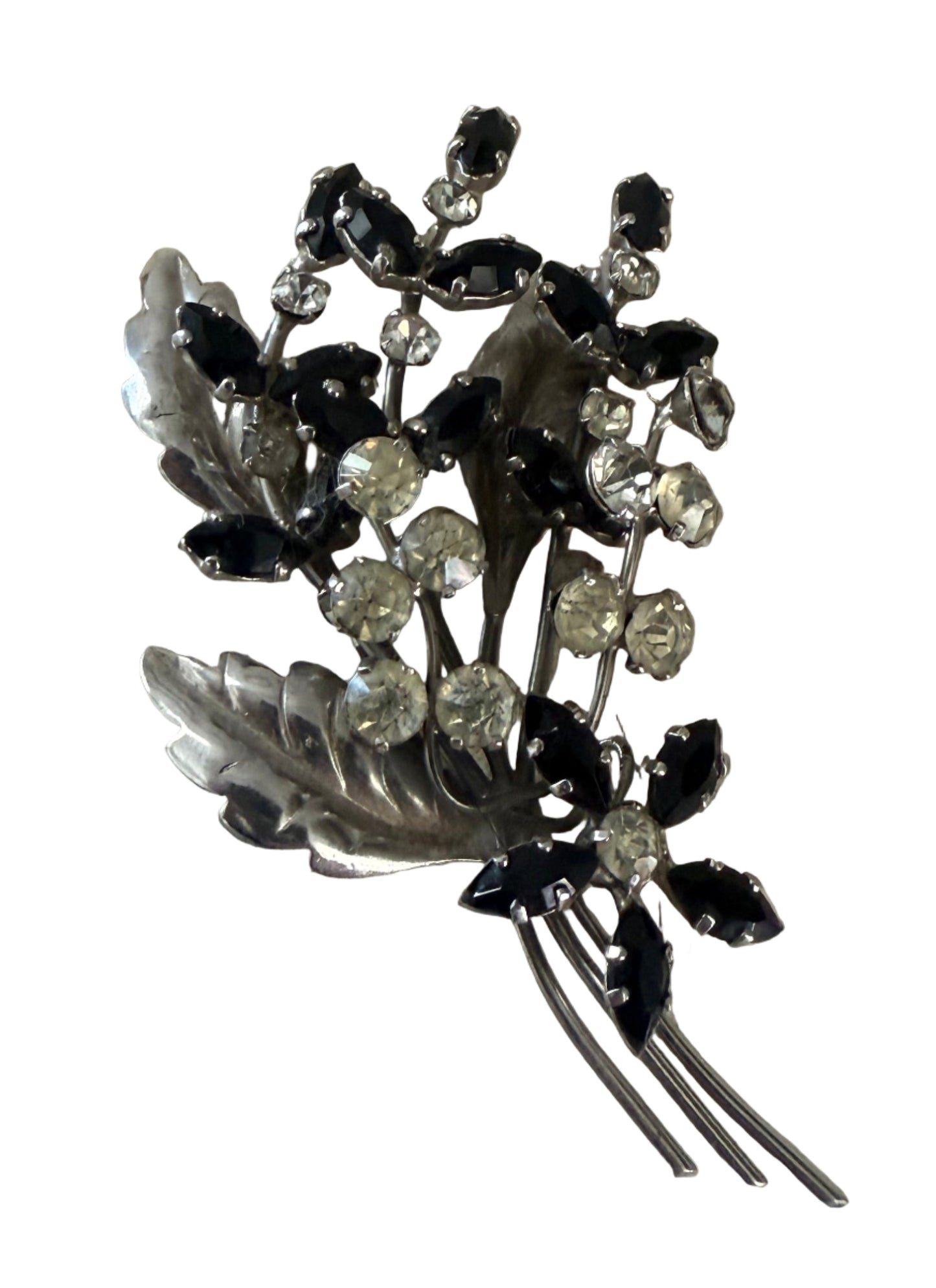 Vintage Black and Clear Flower bunch Rhinestone Brooch