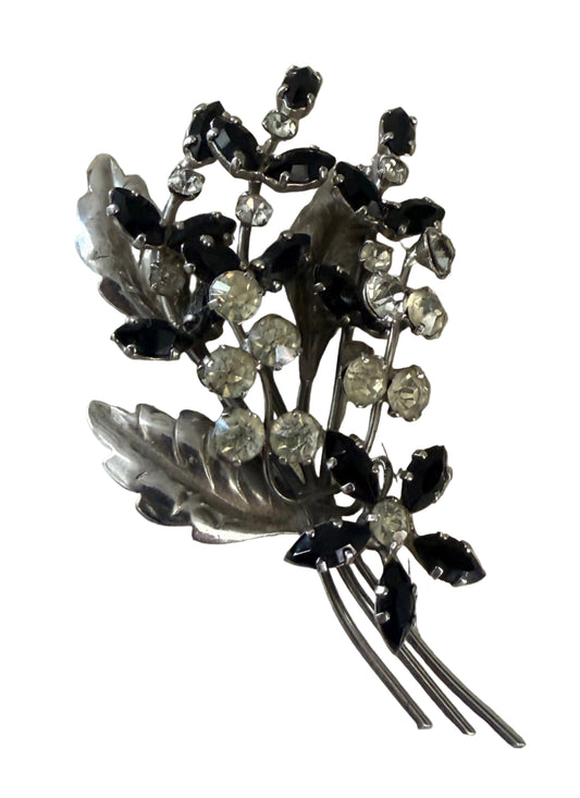 Vintage Black and Clear Flower bunch Rhinestone Brooch