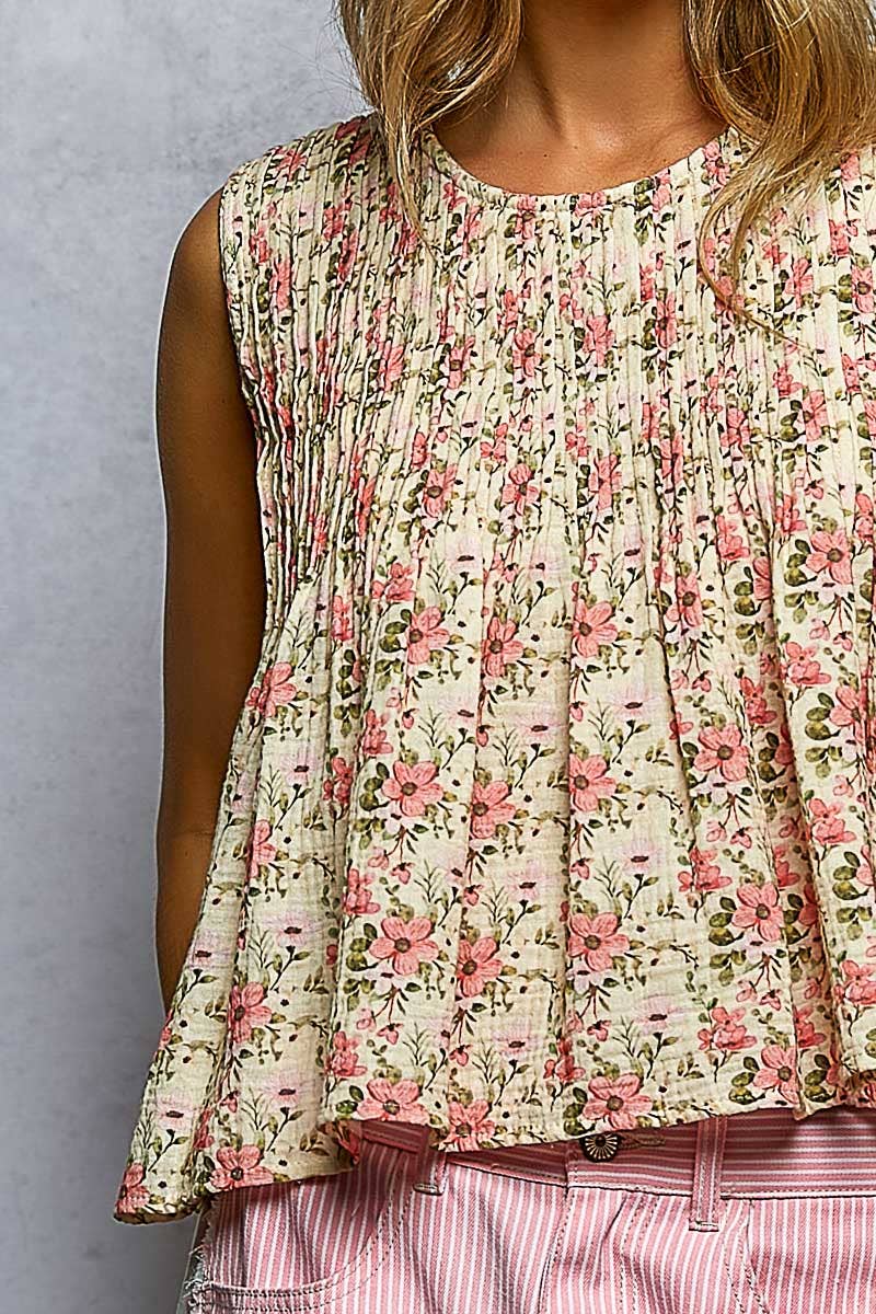 Round Neck Double Gauze Pintuck Floral Sleeveless Top