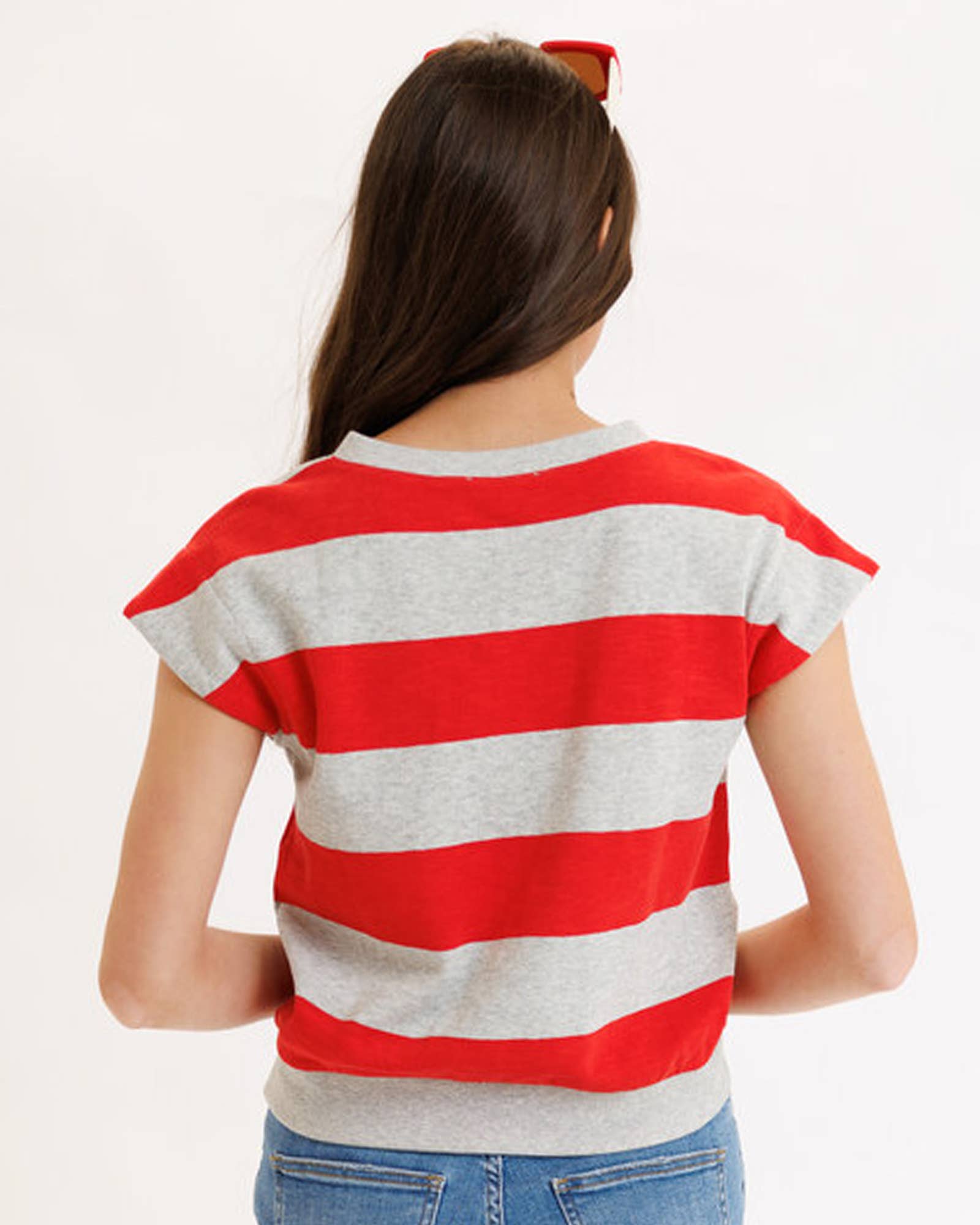 Grey and Red Striped Short Sleeve V-neck Contemporary Crew