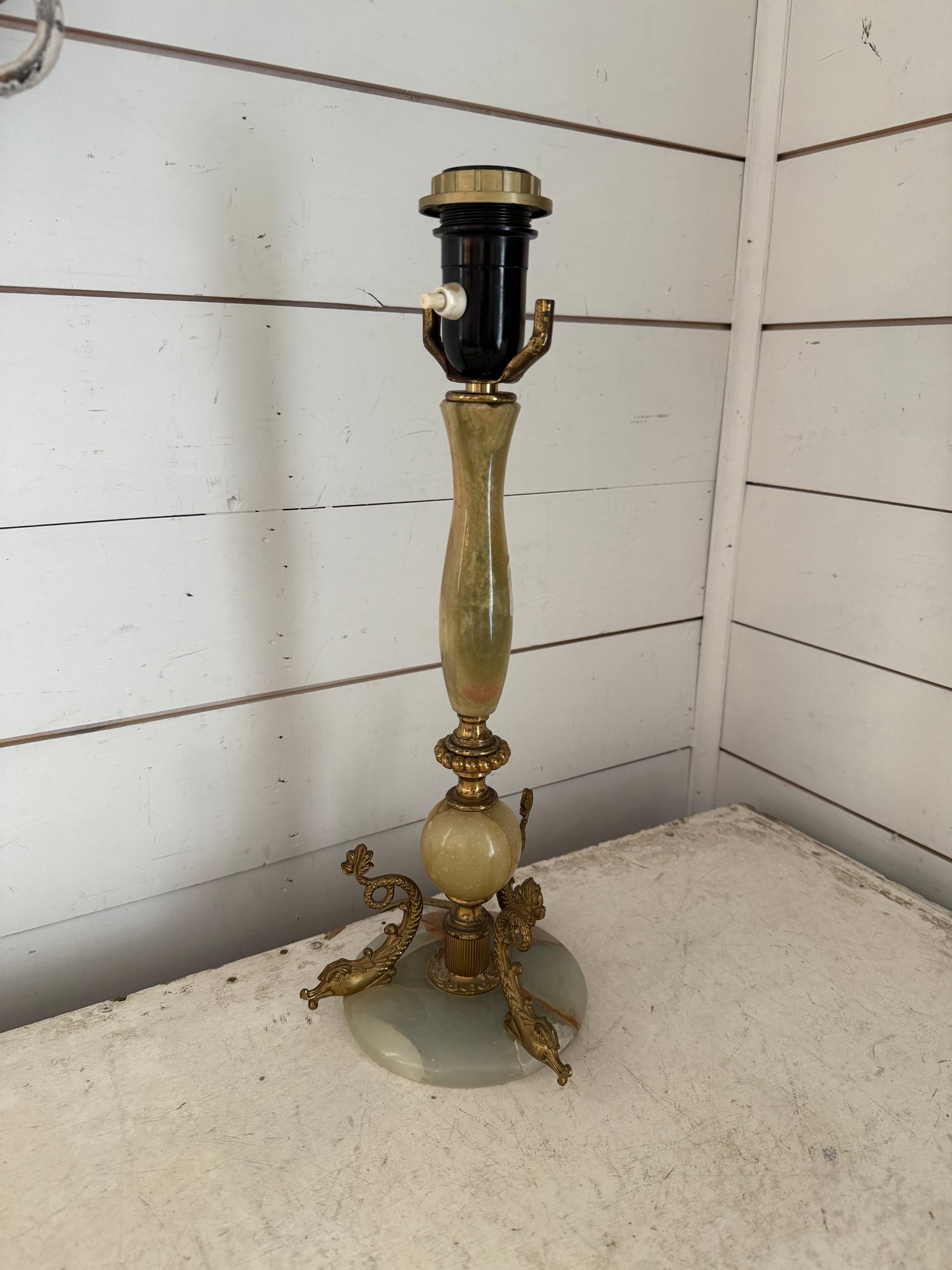 Vintage French onyx marble fish dolphin base table lamp - mid century - would suggest rewiring but it does work