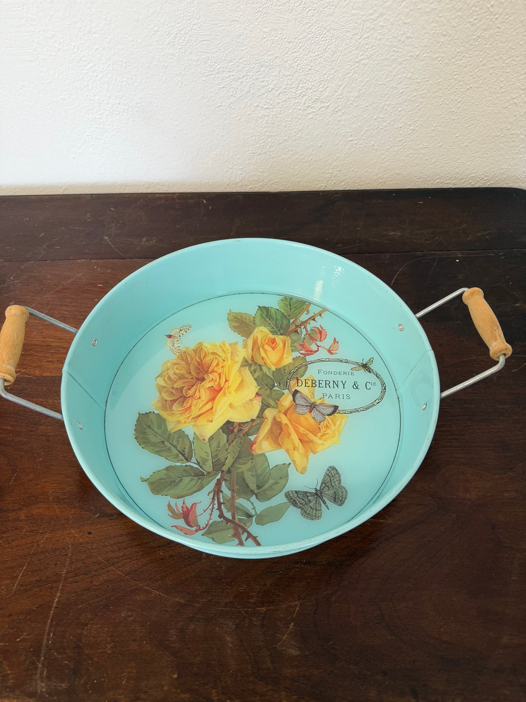 Light blue Round Metal Serving Tray 11” across