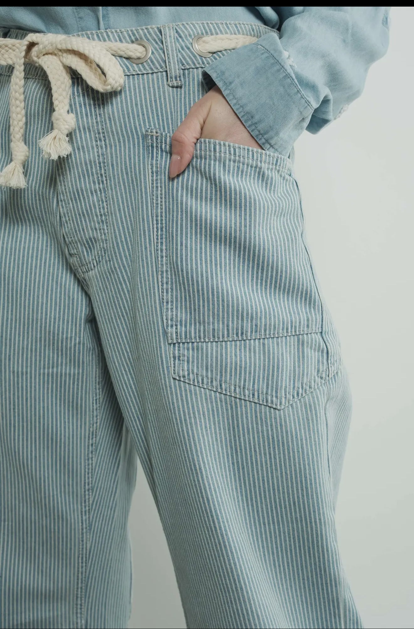 Blue & White Barrel Pants with Eyelet Tie Waist