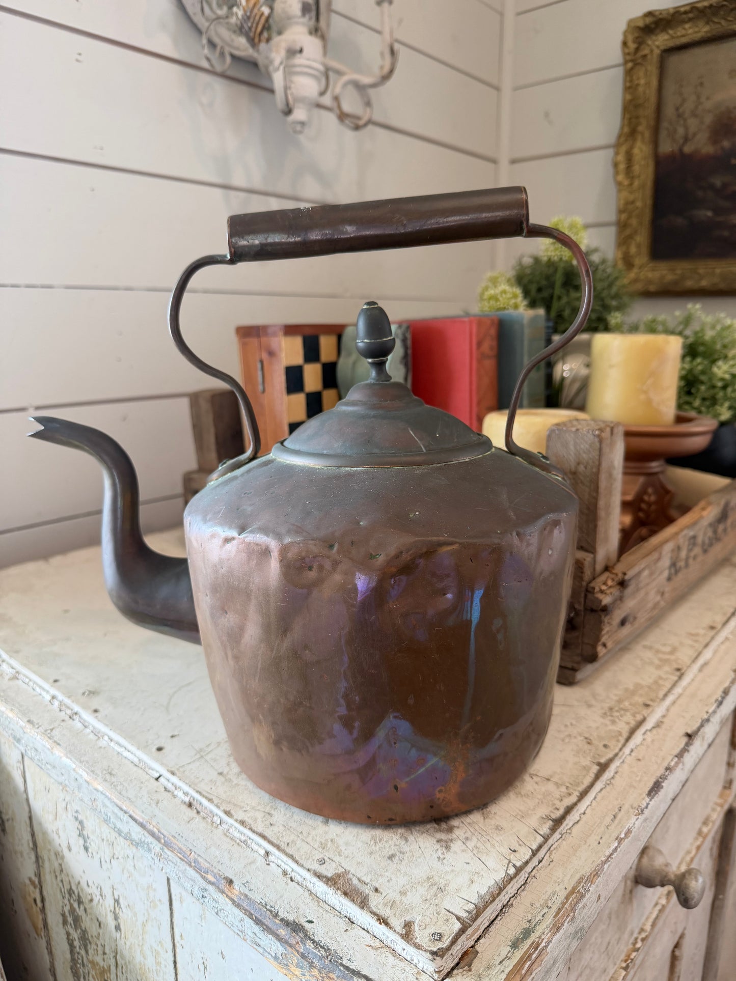 Georgian Antique copper tea kettle with crimped seam