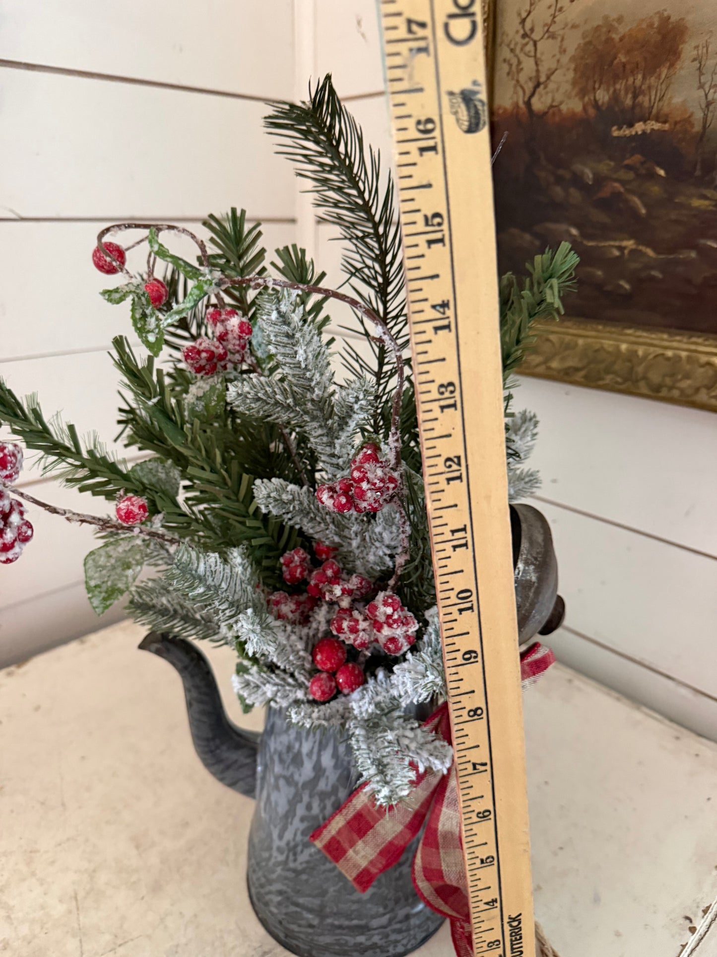 Vintage granite wear enamel pitcher Christmas arrangement greenery included