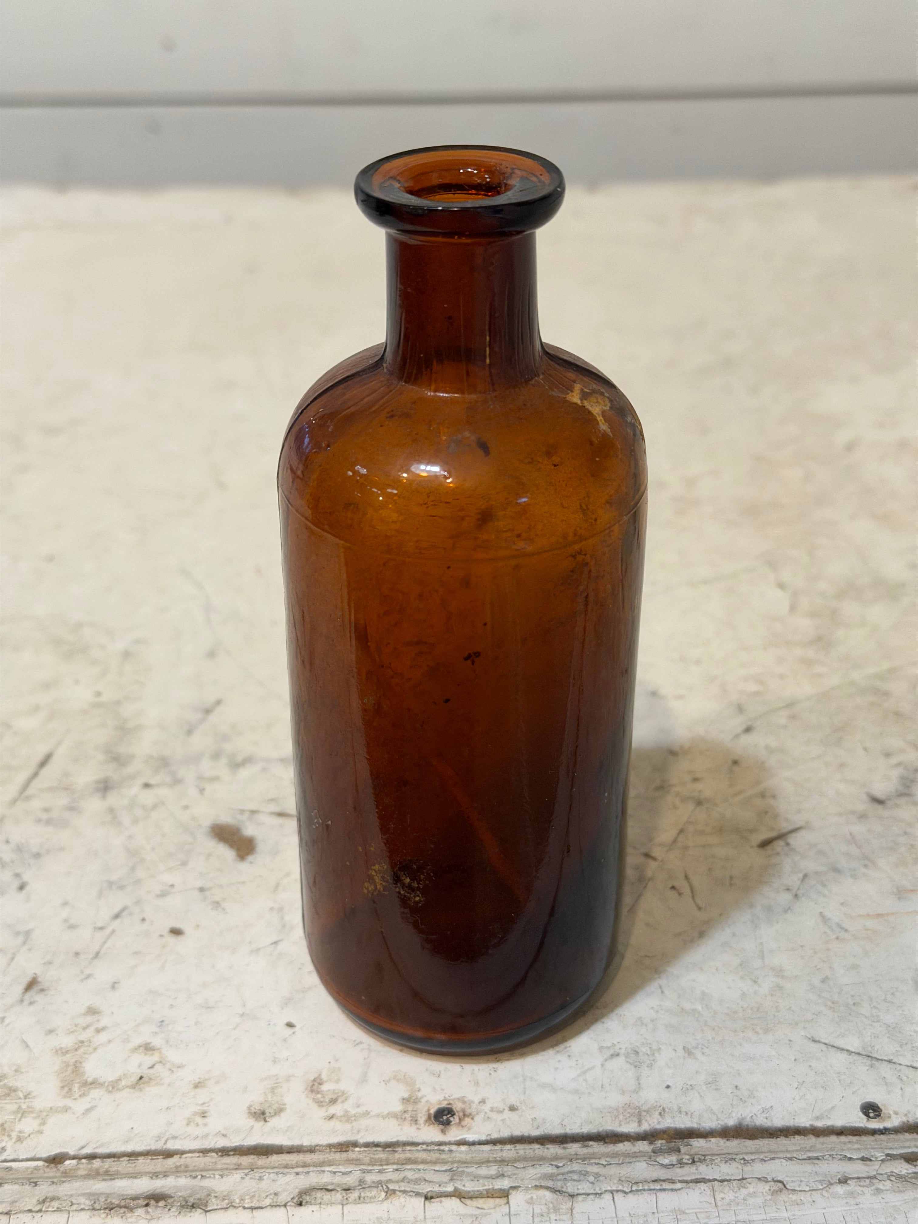 Vintage Amber Glass Medicine Bottle - No Stopper