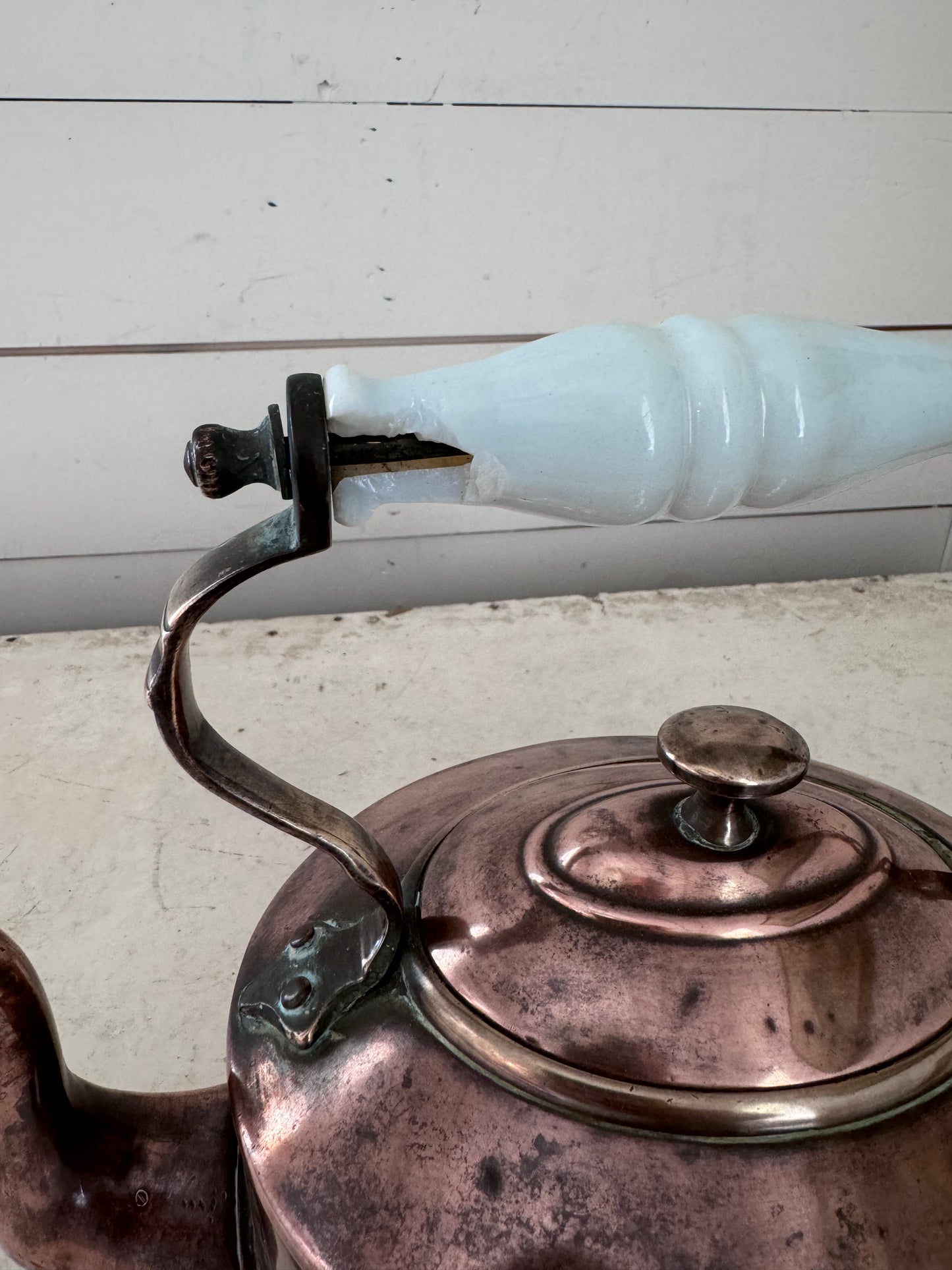 Antique Copper Kettle With Milk Glass Handle (Handle has some chips and cracks)