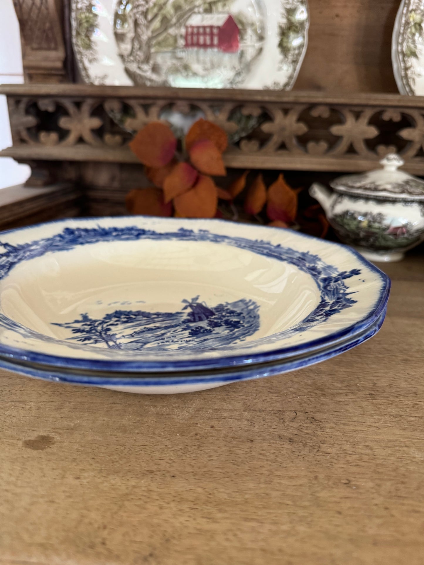 Antique Royal Doulton England blue white Norfolk windmill bowl - sold individually