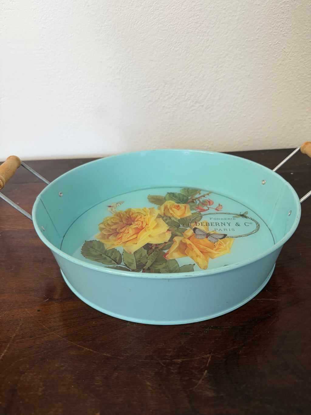 Light blue Round Metal Serving Tray 11” across